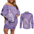 50 Years Deadly NAIDOC Week 2026 Personalised Couples Matching Off Shoulder Short Dress and Long Sleeve Button Shirt Dhari Purple Indigenous Art