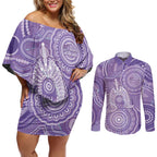 50 Years Deadly NAIDOC Week 2026 Personalised Couples Matching Off Shoulder Short Dress and Long Sleeve Button Shirt Dhari Purple Indigenous Art