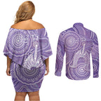 50 Years Deadly NAIDOC Week 2026 Personalised Couples Matching Off Shoulder Short Dress and Long Sleeve Button Shirt Dhari Purple Indigenous Art
