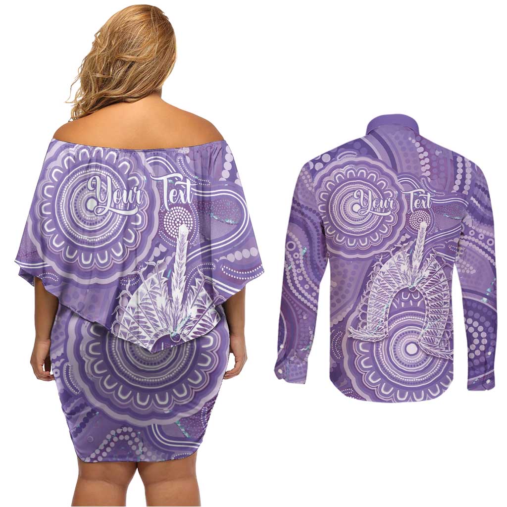 50 Years Deadly NAIDOC Week 2026 Personalised Couples Matching Off Shoulder Short Dress and Long Sleeve Button Shirt Dhari Purple Indigenous Art