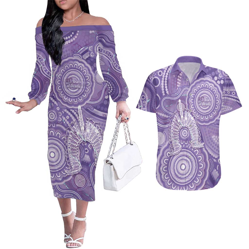 50 Years Deadly NAIDOC Week 2026 Personalised Couples Matching Off The Shoulder Long Sleeve Dress and Hawaiian Shirt Dhari Purple Indigenous Art