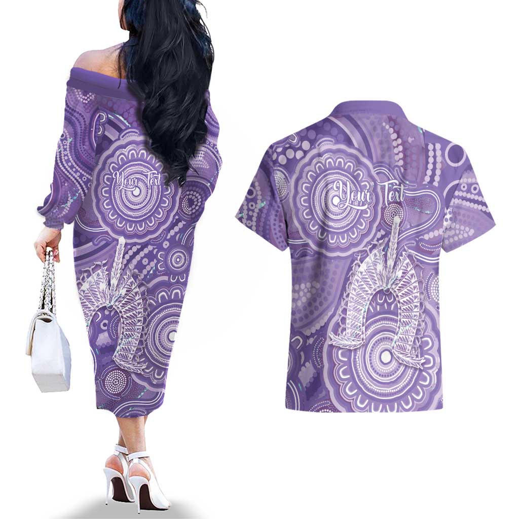 50 Years Deadly NAIDOC Week 2026 Personalised Couples Matching Off The Shoulder Long Sleeve Dress and Hawaiian Shirt Dhari Purple Indigenous Art