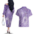 50 Years Deadly NAIDOC Week 2026 Personalised Couples Matching Off The Shoulder Long Sleeve Dress and Hawaiian Shirt Dhari Purple Indigenous Art