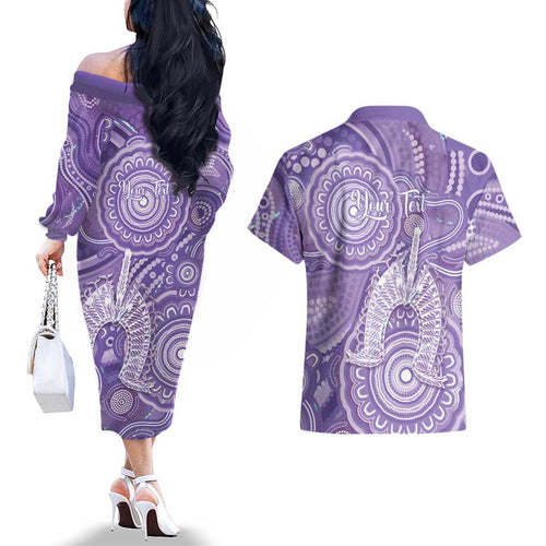 50 Years Deadly NAIDOC Week 2026 Personalised Couples Matching Off The Shoulder Long Sleeve Dress and Hawaiian Shirt Dhari Purple Indigenous Art