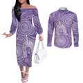 50 Years Deadly NAIDOC Week 2026 Personalised Couples Matching Off The Shoulder Long Sleeve Dress and Long Sleeve Button Shirt Dhari Purple Indigenous Art