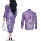 50 Years Deadly NAIDOC Week 2026 Personalised Couples Matching Off The Shoulder Long Sleeve Dress and Long Sleeve Button Shirt Dhari Purple Indigenous Art