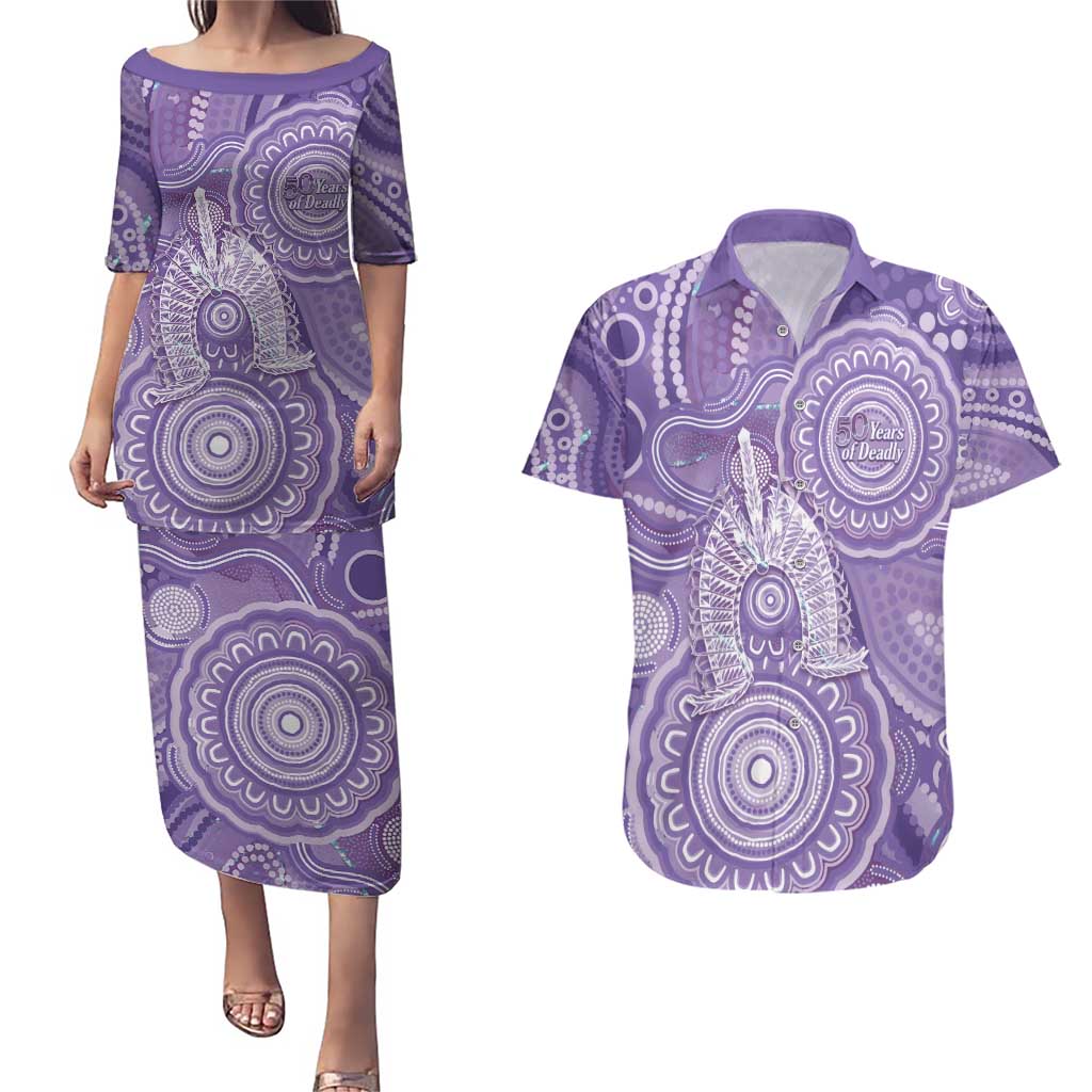 50 Years Deadly NAIDOC Week 2026 Personalised Couples Matching Puletasi and Hawaiian Shirt Dhari Purple Indigenous Art
