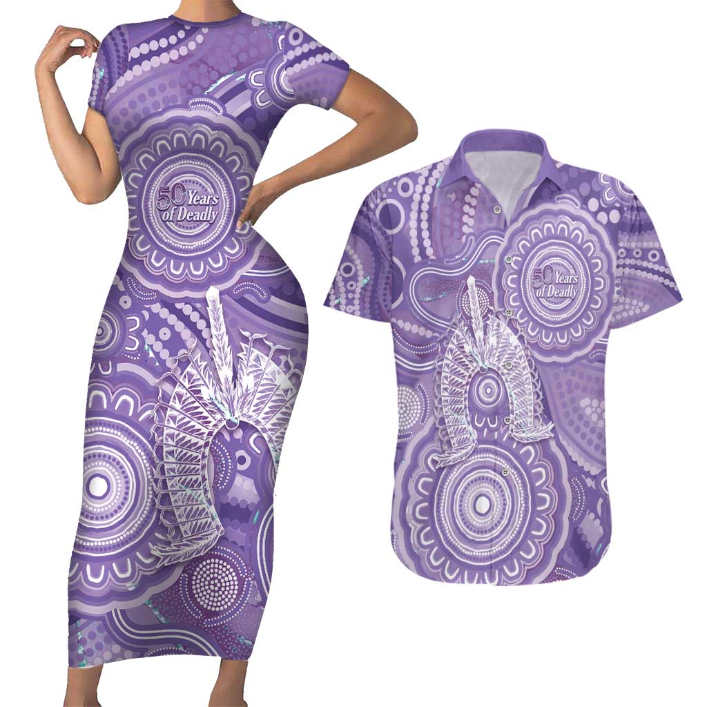 50 Years Deadly NAIDOC Week 2026 Personalised Couples Matching Short Sleeve Bodycon Dress and Hawaiian Shirt Dhari Purple Indigenous Art