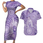 50 Years Deadly NAIDOC Week 2026 Personalised Couples Matching Short Sleeve Bodycon Dress and Hawaiian Shirt Dhari Purple Indigenous Art