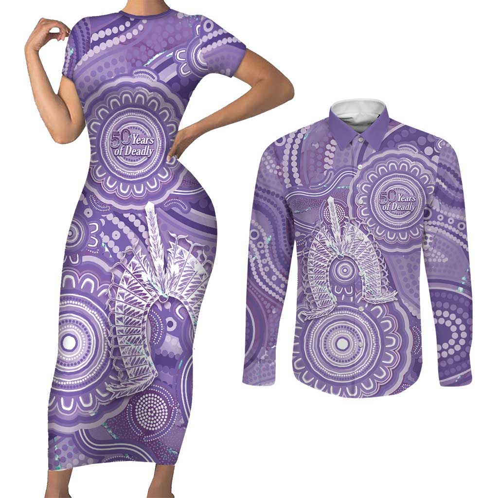 50 Years Deadly NAIDOC Week 2026 Personalised Couples Matching Short Sleeve Bodycon Dress and Long Sleeve Button Shirt Dhari Purple Indigenous Art