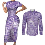 50 Years Deadly NAIDOC Week 2026 Personalised Couples Matching Short Sleeve Bodycon Dress and Long Sleeve Button Shirt Dhari Purple Indigenous Art