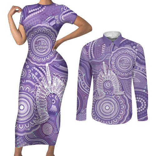 50 Years Deadly NAIDOC Week 2026 Personalised Couples Matching Short Sleeve Bodycon Dress and Long Sleeve Button Shirt Dhari Purple Indigenous Art
