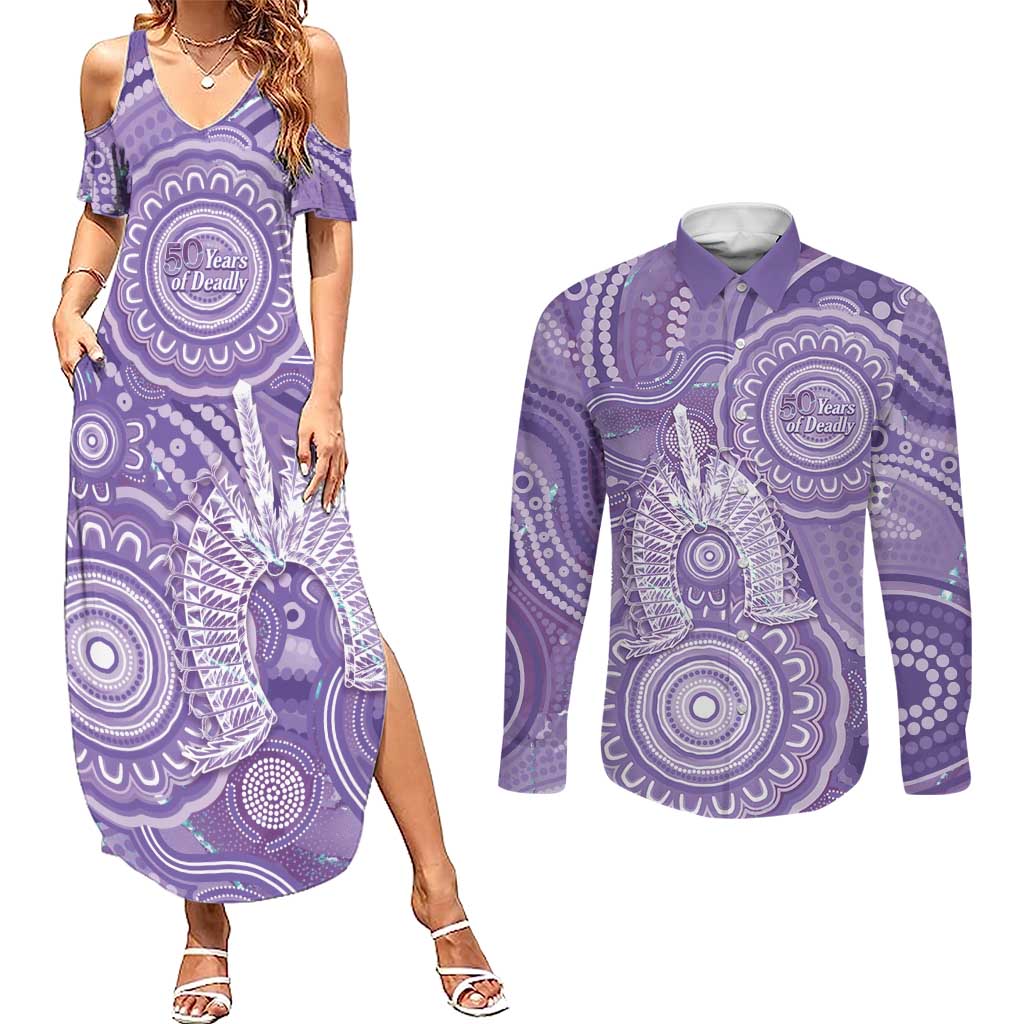 50 Years Deadly NAIDOC Week 2026 Personalised Couples Matching Summer Maxi Dress and Long Sleeve Button Shirt Dhari Purple Indigenous Art