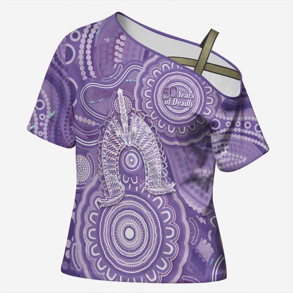 50 Years Deadly NAIDOC Week 2026 Personalised Cross Shoulder Shirt Dhari Purple Indigenous Art