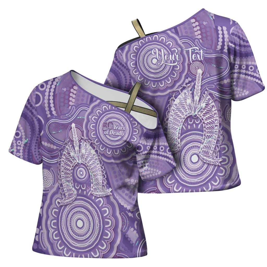 50 Years Deadly NAIDOC Week 2026 Personalised Cross Shoulder Shirt Dhari Purple Indigenous Art