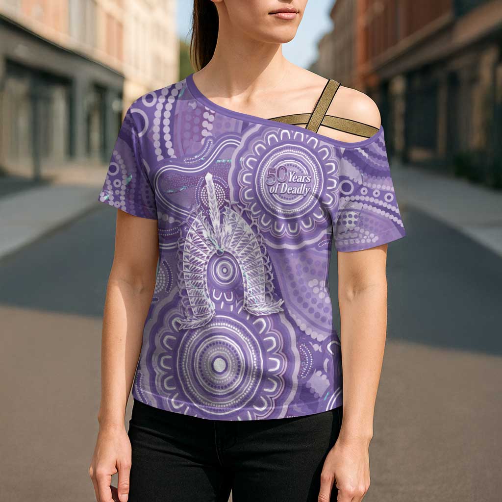 50 Years Deadly NAIDOC Week 2026 Personalised Cross Shoulder Shirt Dhari Purple Indigenous Art