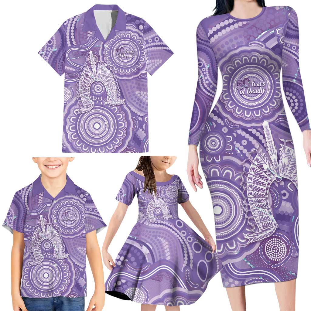 50 Years Deadly NAIDOC Week 2026 Personalised Family Matching Long Sleeve Bodycon Dress and Hawaiian Shirt Dhari Purple Indigenous Art