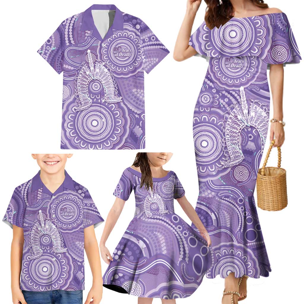 50 Years Deadly NAIDOC Week 2026 Personalised Family Matching Mermaid Dress and Hawaiian Shirt Dhari Purple Indigenous Art