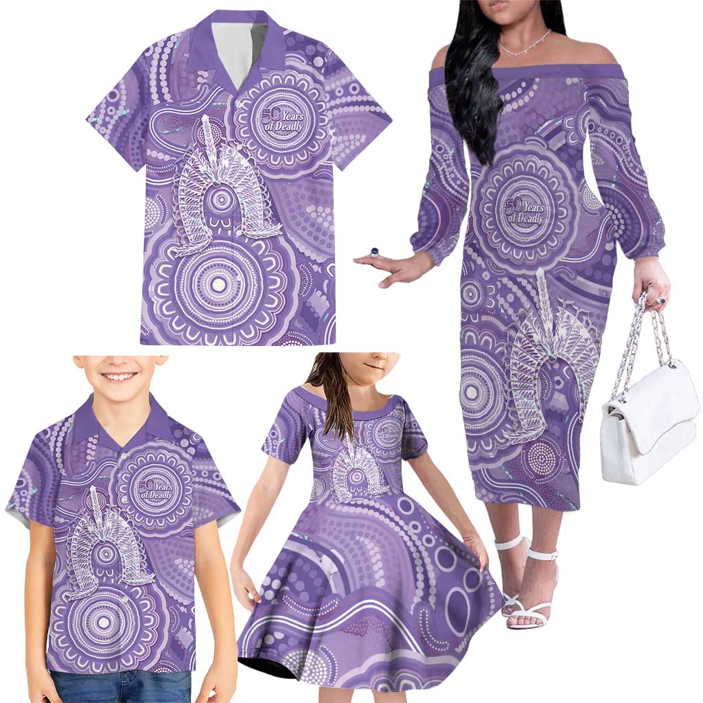 50 Years Deadly NAIDOC Week 2026 Personalised Family Matching Off The Shoulder Long Sleeve Dress and Hawaiian Shirt Dhari Purple Indigenous Art
