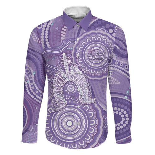50 Years Deadly NAIDOC Week 2026 Personalised Family Matching Off The Shoulder Long Sleeve Dress and Hawaiian Shirt Dhari Purple Indigenous Art