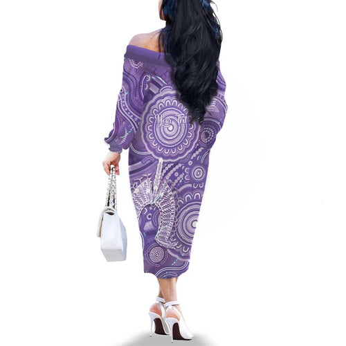 50 Years Deadly NAIDOC Week 2026 Personalised Family Matching Off The Shoulder Long Sleeve Dress and Hawaiian Shirt Dhari Purple Indigenous Art
