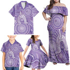 50 Years Deadly NAIDOC Week 2026 Personalised Family Matching Off Shoulder Maxi Dress and Hawaiian Shirt Dhari Purple Indigenous Art