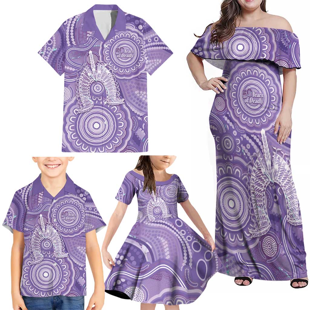 50 Years Deadly NAIDOC Week 2026 Personalised Family Matching Off Shoulder Maxi Dress and Hawaiian Shirt Dhari Purple Indigenous Art