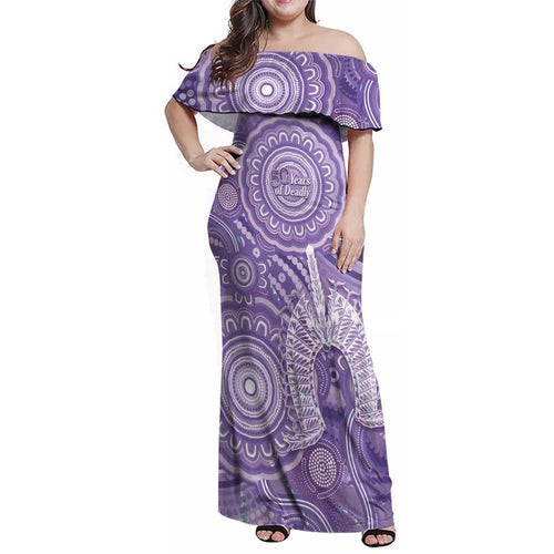 50 Years Deadly NAIDOC Week 2026 Personalised Family Matching Off Shoulder Maxi Dress and Hawaiian Shirt Dhari Purple Indigenous Art