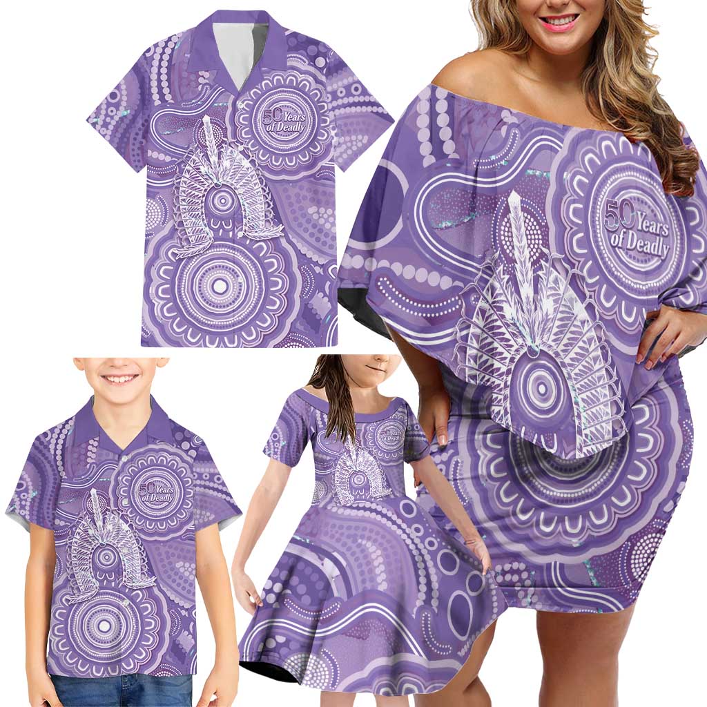 50 Years Deadly NAIDOC Week 2026 Personalised Family Matching Off Shoulder Short Dress and Hawaiian Shirt Dhari Purple Indigenous Art