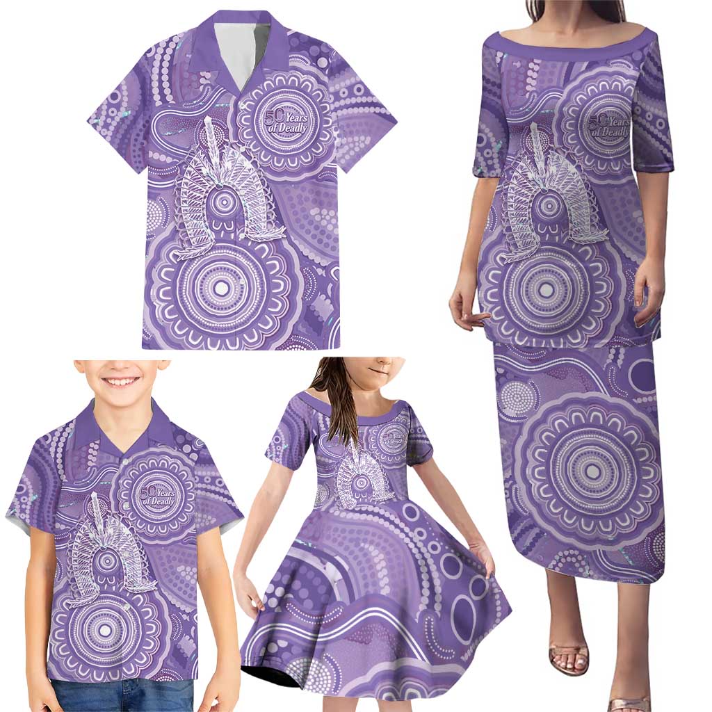 50 Years Deadly NAIDOC Week 2026 Personalised Family Matching Puletasi and Hawaiian Shirt Dhari Purple Indigenous Art