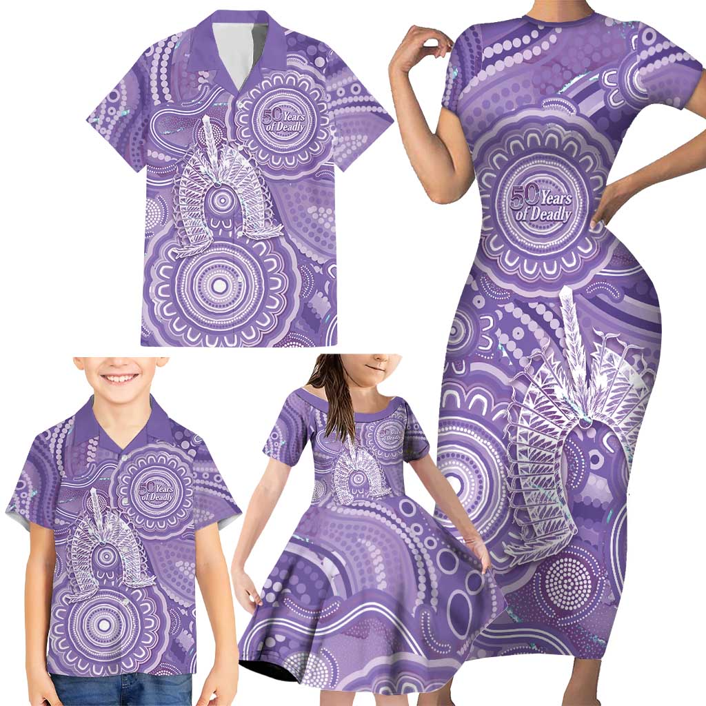 50 Years Deadly NAIDOC Week 2026 Personalised Family Matching Short Sleeve Bodycon Dress and Hawaiian Shirt Dhari Purple Indigenous Art
