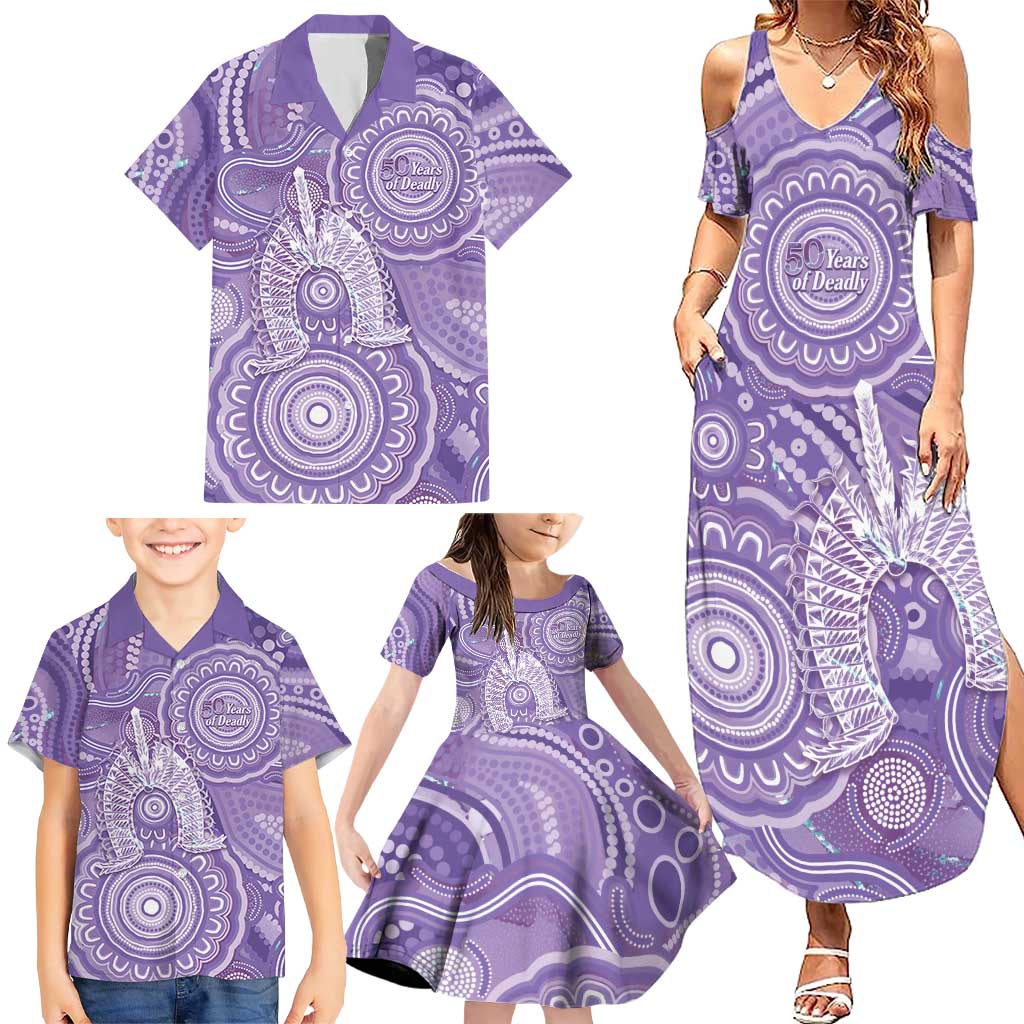 50 Years Deadly NAIDOC Week 2026 Personalised Family Matching Summer Maxi Dress and Hawaiian Shirt Dhari Purple Indigenous Art