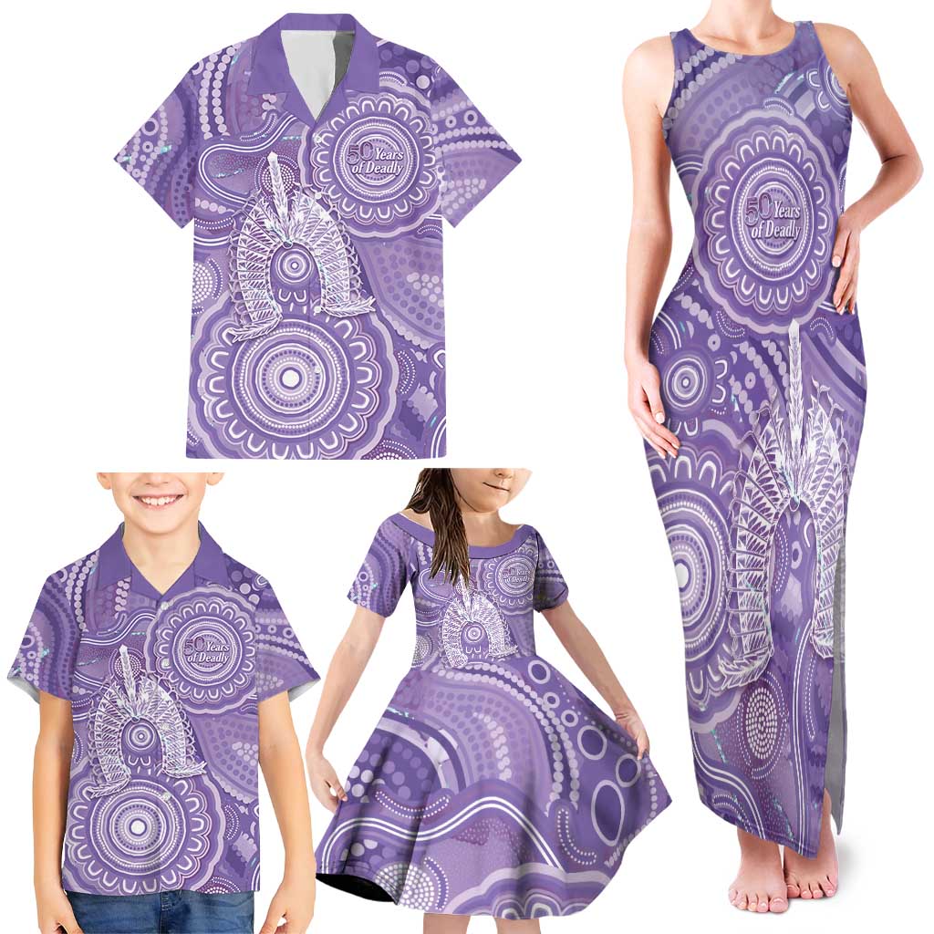50 Years Deadly NAIDOC Week 2026 Personalised Family Matching Tank Maxi Dress and Hawaiian Shirt Dhari Purple Indigenous Art