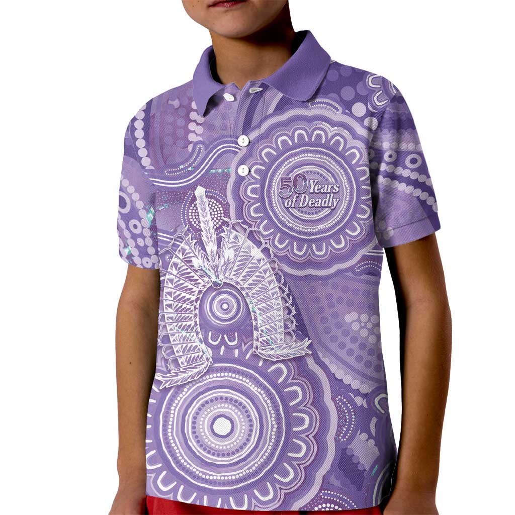 50 Years Deadly NAIDOC Week 2026 Personalised Kid Polo Shirt Dhari Purple Indigenous Art