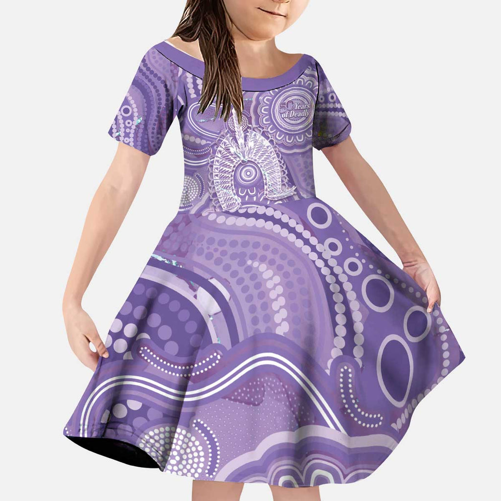 50 Years Deadly NAIDOC Week 2026 Personalised Kid Short Sleeve Dress Dhari Purple Indigenous Art