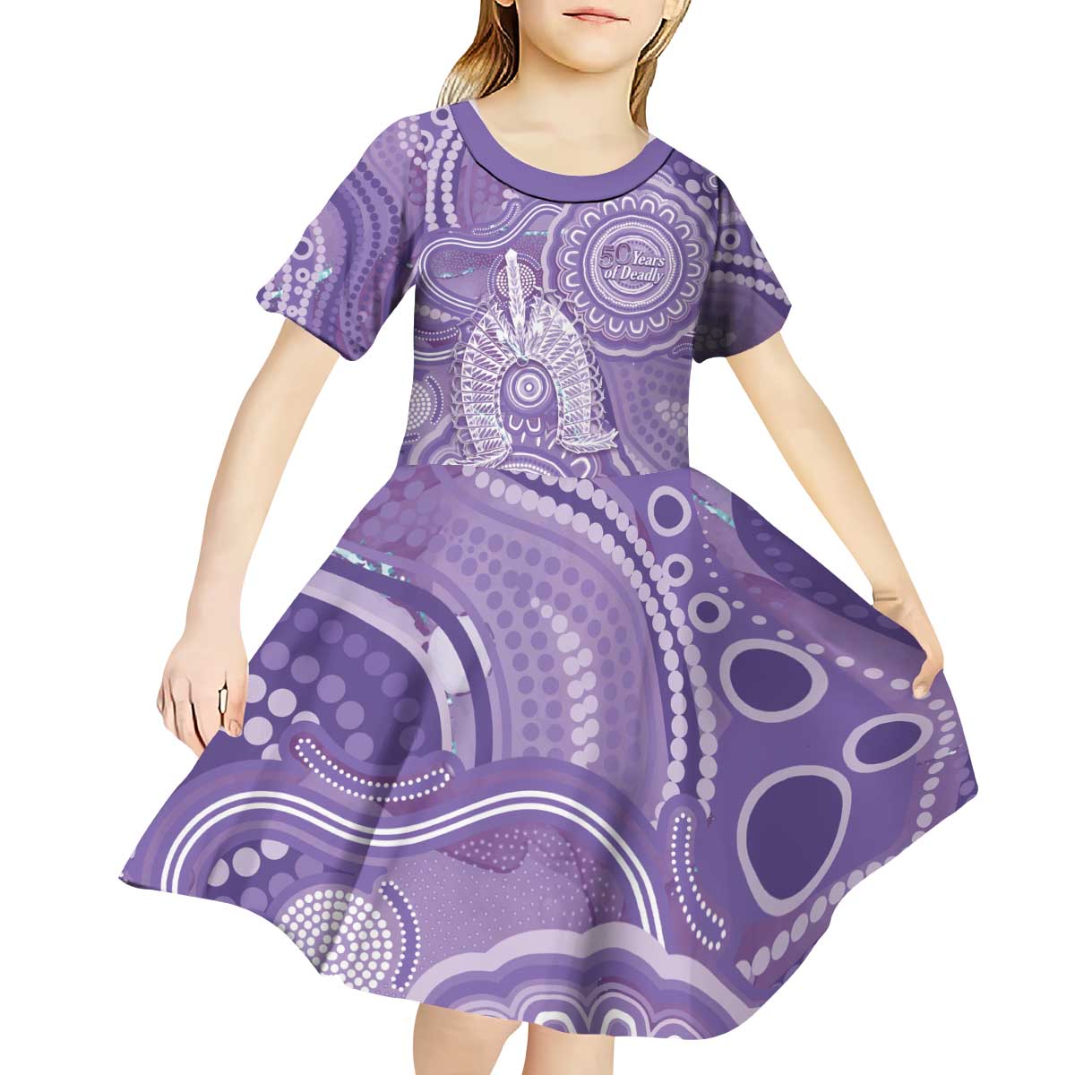 50 Years Deadly NAIDOC Week 2026 Personalised Kid Short Sleeve Dress Dhari Purple Indigenous Art