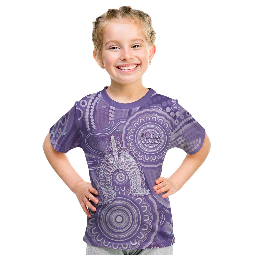 50 Years Deadly NAIDOC Week 2026 Personalised Kid T Shirt Dhari Purple Indigenous Art