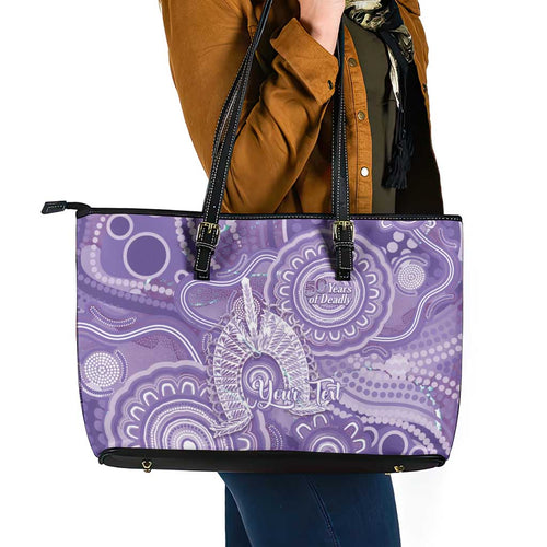 50 Years Deadly NAIDOC Week 2026 Personalised Leather Tote Bag Dhari Purple Indigenous Art
