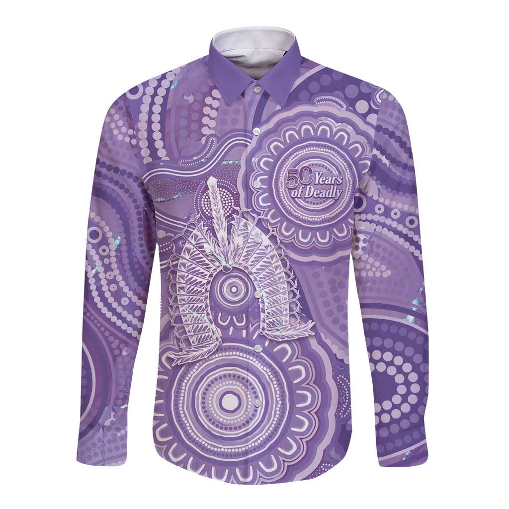 50 Years Deadly NAIDOC Week 2026 Personalised Long Sleeve Button Shirt Dhari Purple Indigenous Art