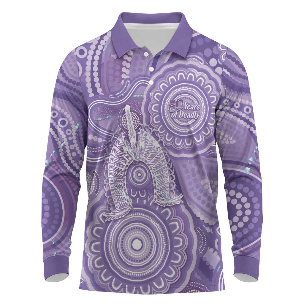 50 Years Deadly NAIDOC Week 2026 Personalised Long Sleeve Polo Shirt Dhari Purple Indigenous Art