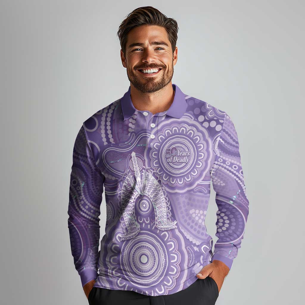 50 Years Deadly NAIDOC Week 2026 Personalised Long Sleeve Polo Shirt Dhari Purple Indigenous Art
