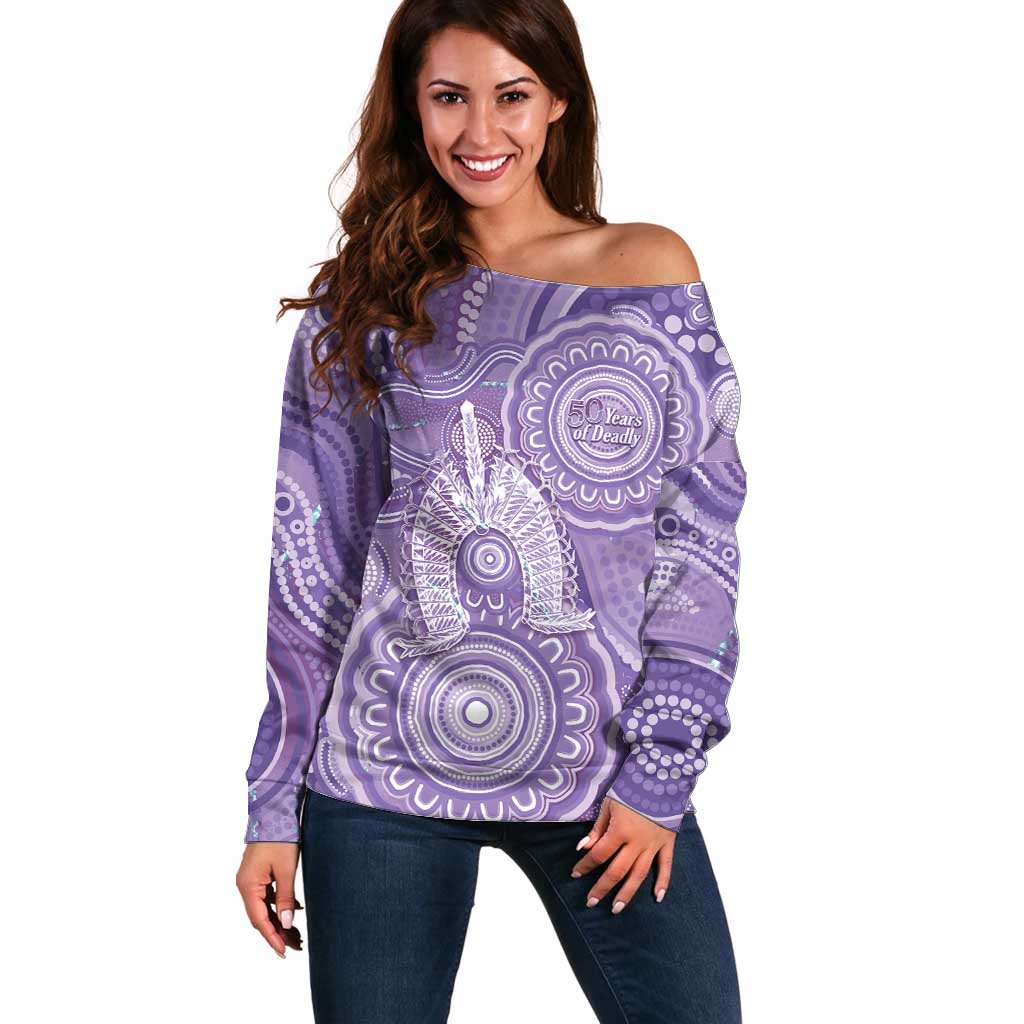 50 Years Deadly NAIDOC Week 2026 Personalised Off Shoulder Sweater Dhari Purple Indigenous Art