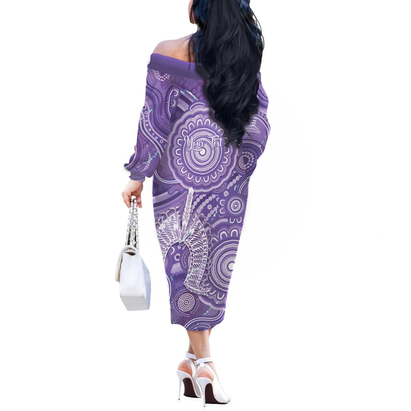 50 Years Deadly NAIDOC Week 2026 Personalised Off The Shoulder Long Sleeve Dress Dhari Purple Indigenous Art