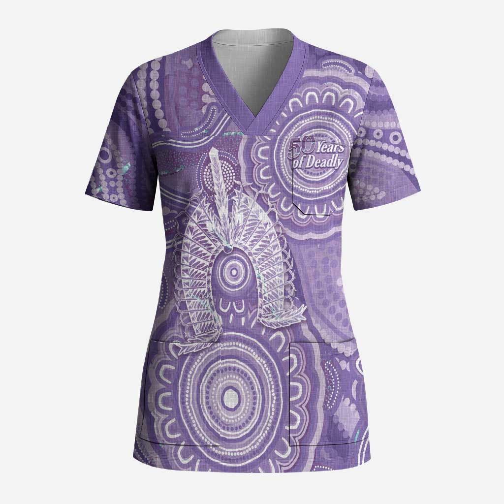 50 Years Deadly NAIDOC Week 2026 Personalised Scrub Top Dhari Purple Indigenous Art