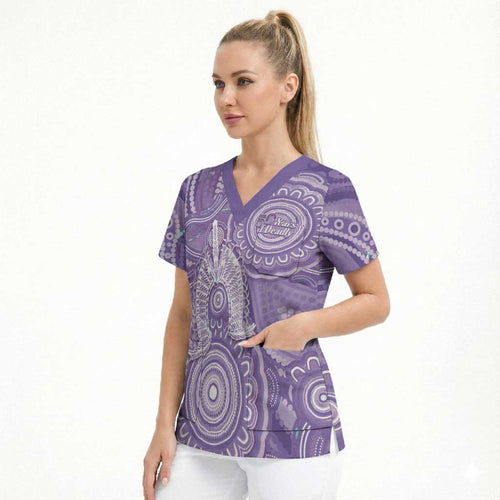 50 Years Deadly NAIDOC Week 2026 Personalised Scrub Top Dhari Purple Indigenous Art