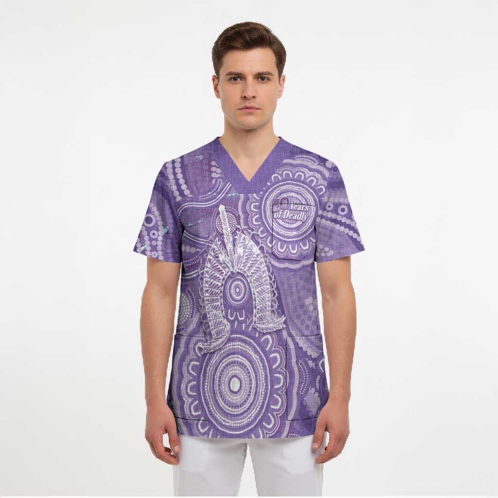 50 Years Deadly NAIDOC Week 2026 Personalised Scrub Top Dhari Purple Indigenous Art