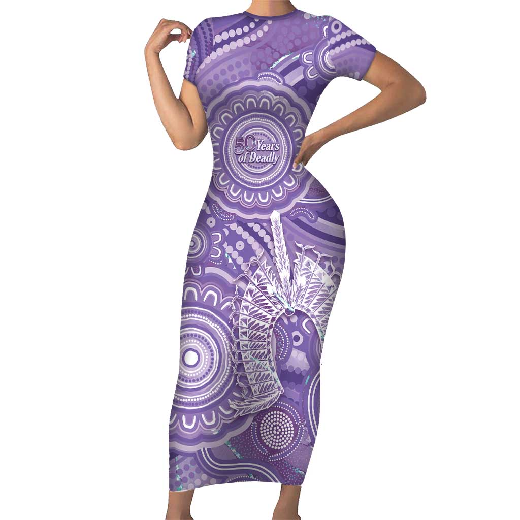 50 Years Deadly NAIDOC Week 2026 Personalised Short Sleeve Bodycon Dress Dhari Purple Indigenous Art