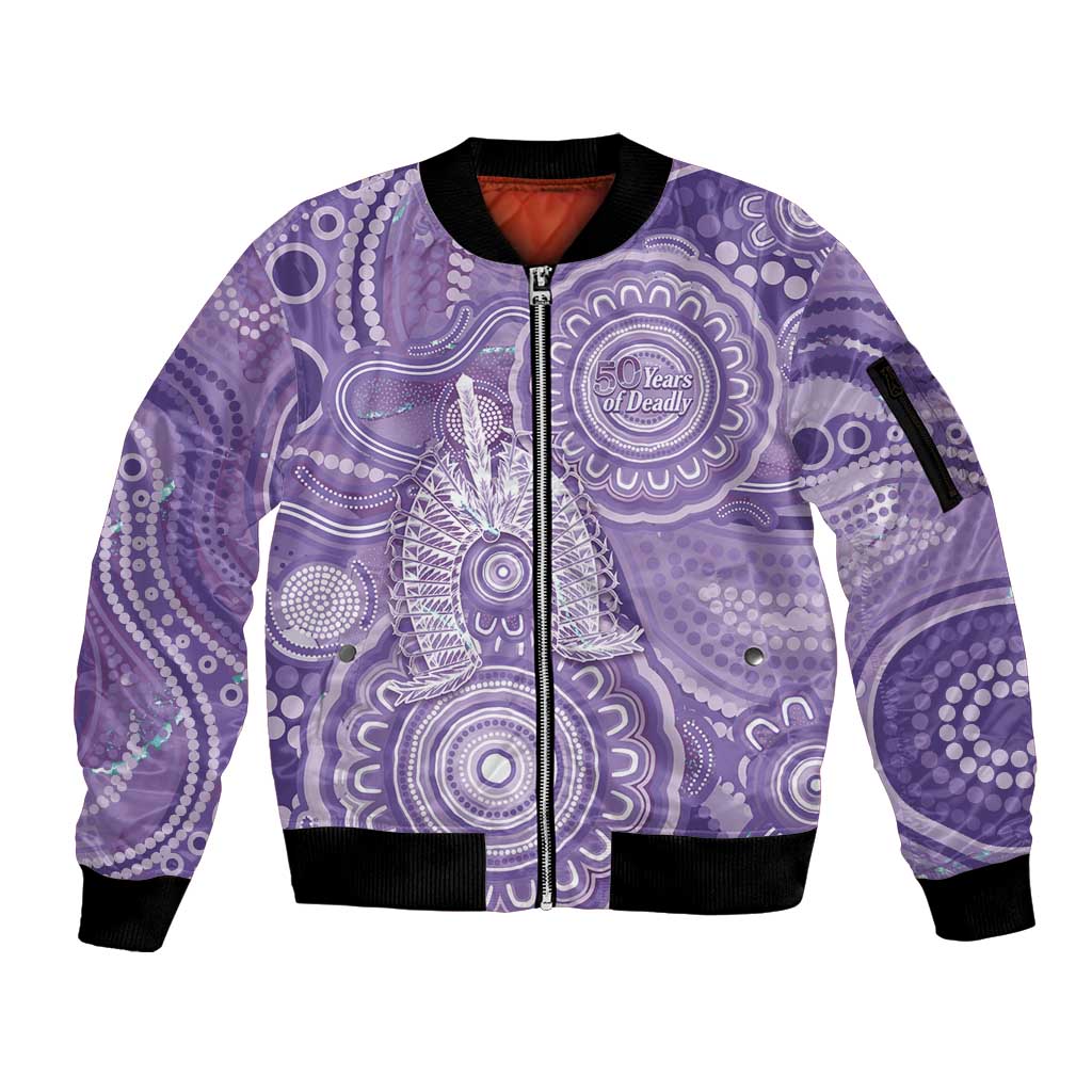 50 Years Deadly NAIDOC Week 2026 Personalised Sleeve Zip Bomber Jacket Dhari Purple Indigenous Art