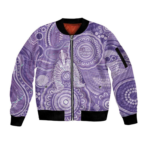 50 Years Deadly NAIDOC Week 2026 Personalised Sleeve Zip Bomber Jacket Dhari Purple Indigenous Art
