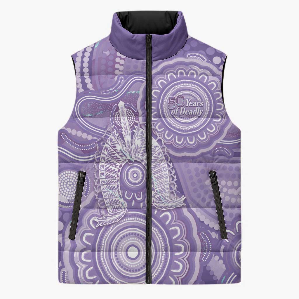 50 Years Deadly NAIDOC Week 2026 Personalised Sleeveless Puffer Jacket Dhari Purple Indigenous Art